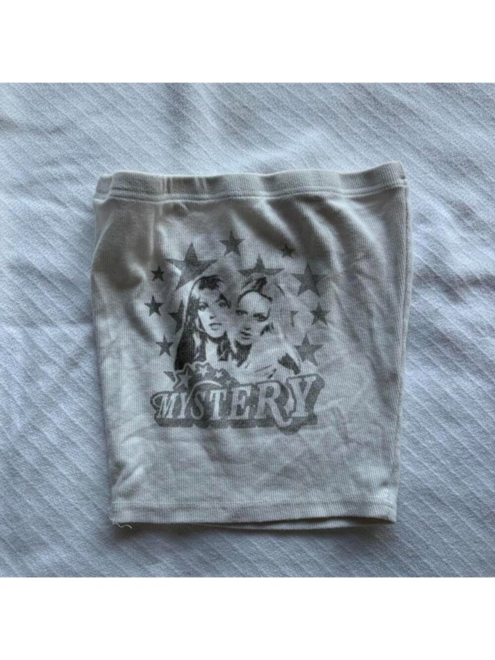 Gray y2k tube crop top with graphic of two women with stars and the word